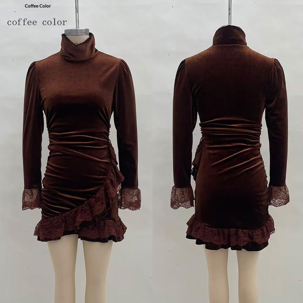 Irregular Banquet Dress With Pleated Patchwork And Long Sleeves