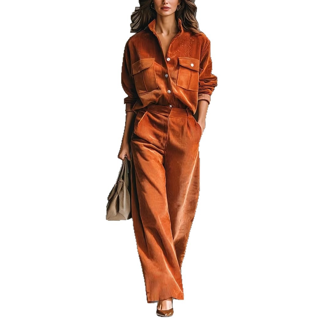 Retro Casual Design Caramel Corduroy Shirt And Wide-leg Pants Set