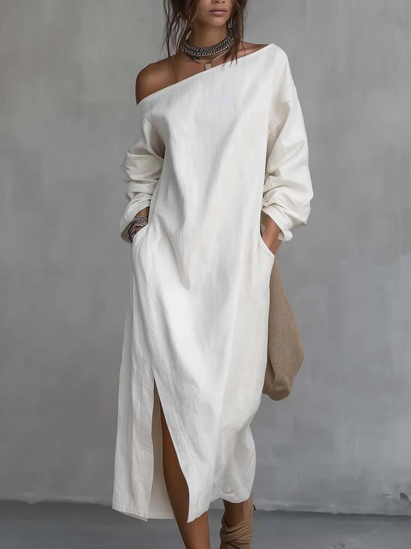Fashionable Off-the-shoulder Slit Straight-leg, Loose-fitting Long Dress