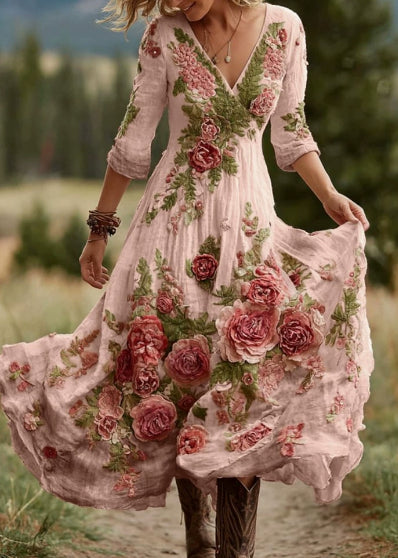 Vintage Elegant Long Dress With Floral And Botanical Print