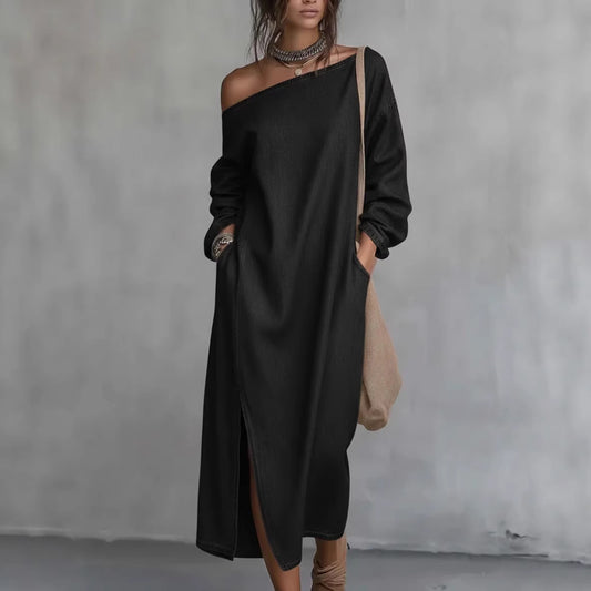 Fashionable Off-the-shoulder Slit Straight-leg, Loose-fitting Long Dress