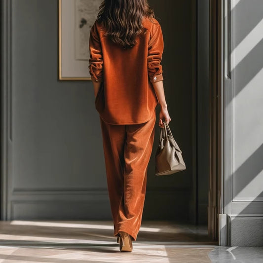 Retro Casual Design Caramel Corduroy Shirt And Wide-leg Pants Set