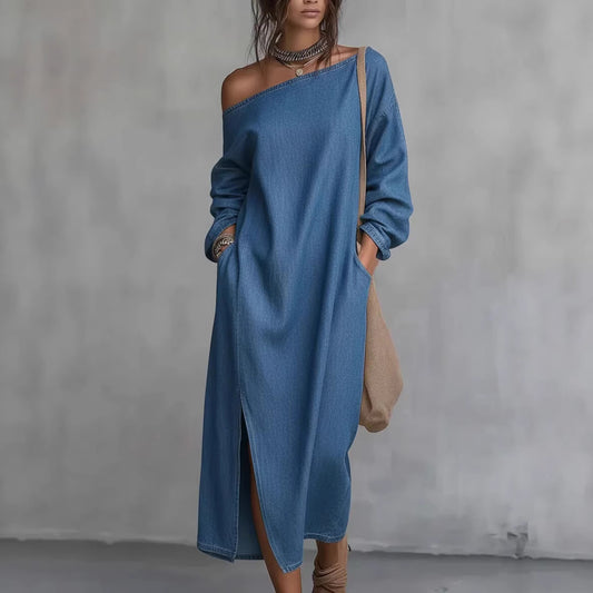 Fashionable Off-the-shoulder Slit Straight-leg, Loose-fitting Long Dress