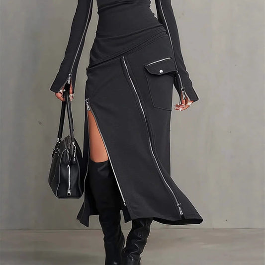 Side-zip Sheath Skirt And Long-sleeve T-shirt Set