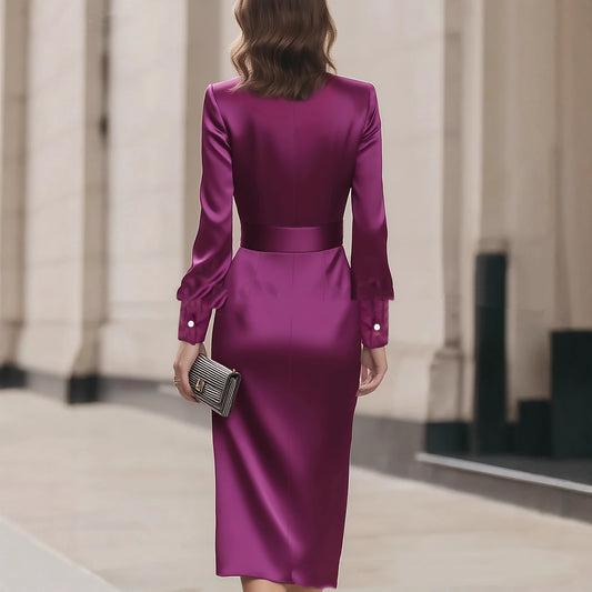 Elegant V-neck Lace-up Sheath Dress In Silky Satin